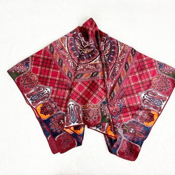 Vintage Scarf Burgundy Navy Paisley Pattern Square - Picture 7 of 8